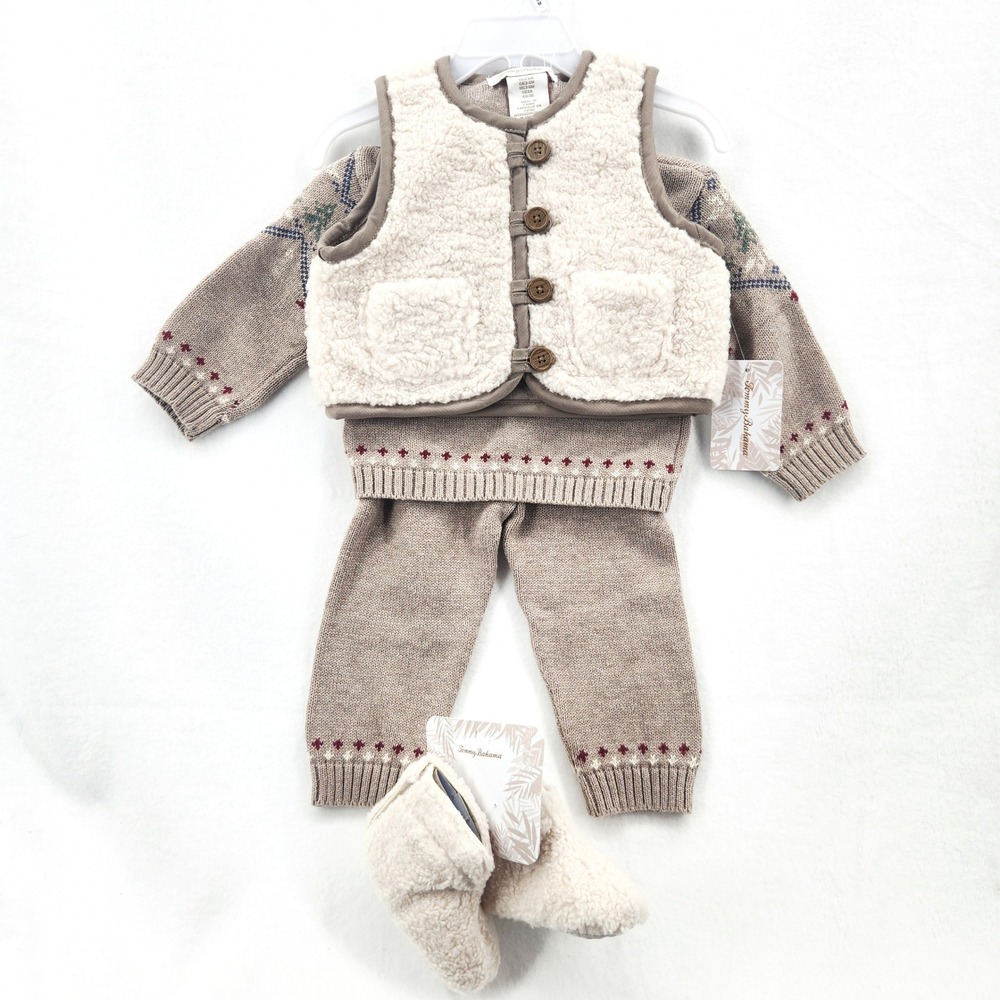 Tommy Bahama Baby Boys 4-Piece Sweater Vest Pants Booties Set Tan Pine Tree 3-6M
